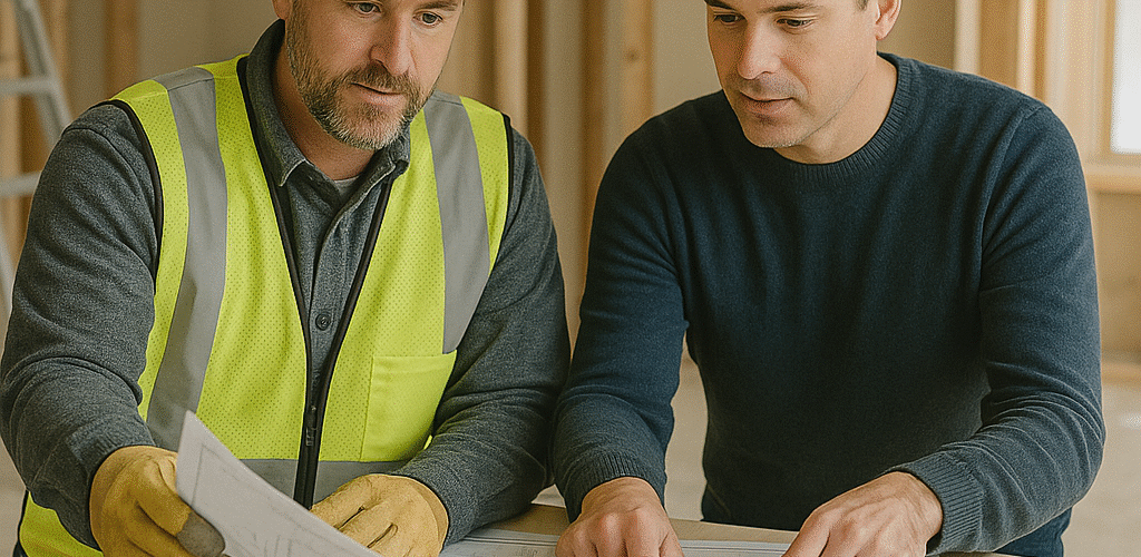 Contractor reviewing renovation plans with homeowner at job site — Construction & Home Improvement SEO.