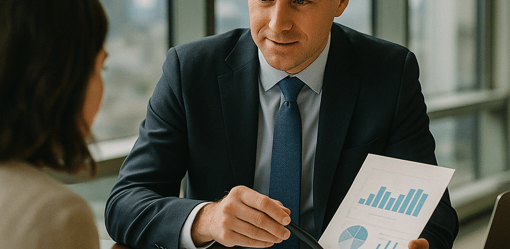 Financial advisor reviewing graphs with client in glass-walled office — Finance & Insurance SEO.