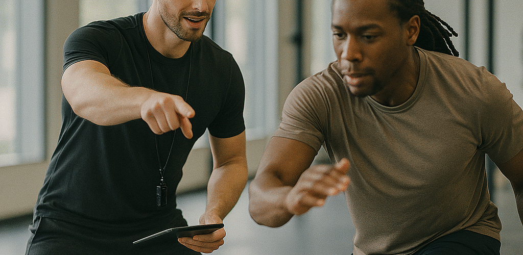 Coach guiding an athlete during a workout in a modern gym — Fitness & Sports SEO.