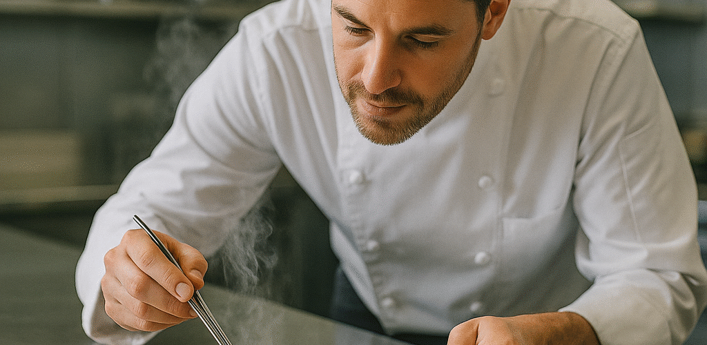Chef plating a signature dish in a modern kitchen — Food & Beverage SEO.