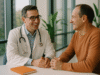 Illustration of a doctor consulting an adult patient in a bright modern clinic — Healthcare & Wellness SEO services.
