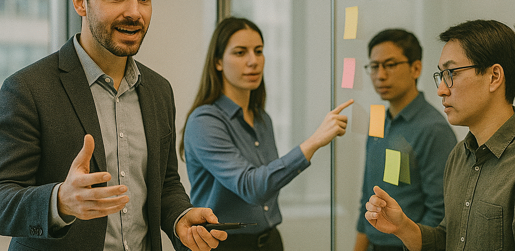 Consultant leading workshop with colleagues and sticky notes — Professional Services SEO.