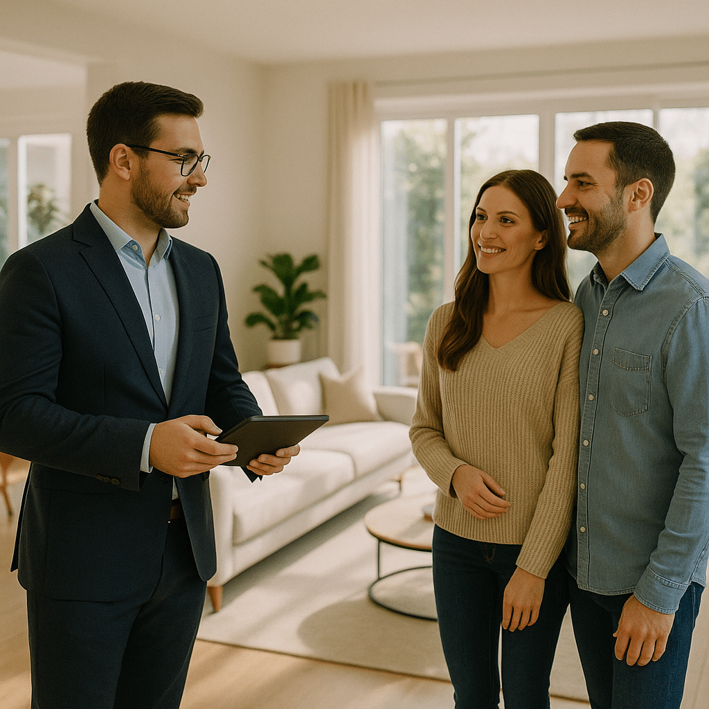 Agent showing a bright modern living room to a couple — Real Estate SEO services.