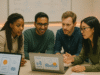 Product team collaborating around screens in modern office — Technology & Software SEO.