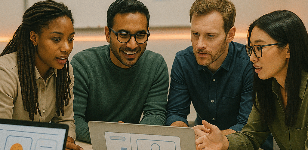 Product team collaborating around screens in modern office — Technology & Software SEO.