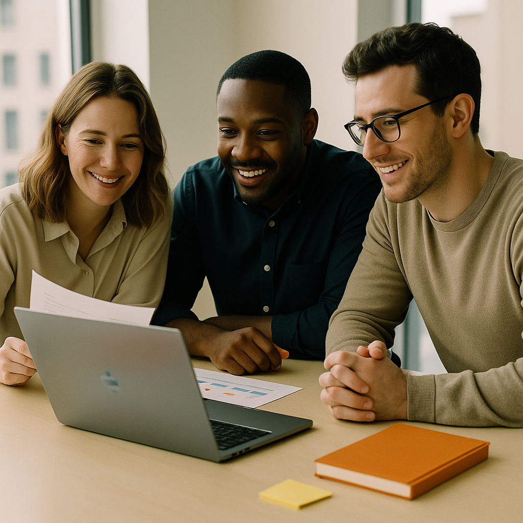 Content team planning with a marketing strategist in a bright office — collaboration and strategy.