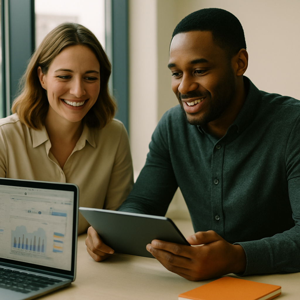 Small-business team meeting with a digital marketing strategist in a bright office — collaboration and planning.