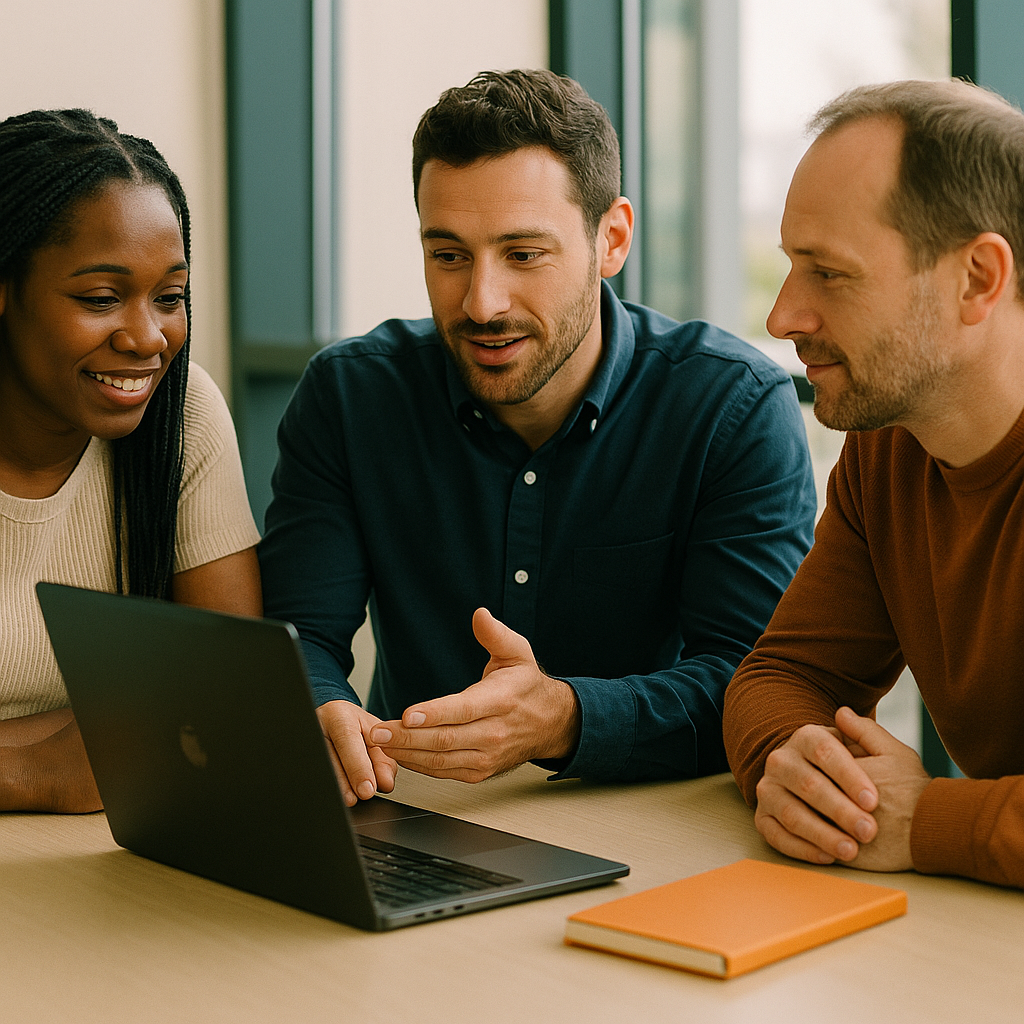 Link-building strategist discussing outreach with a small-business team in a bright office.