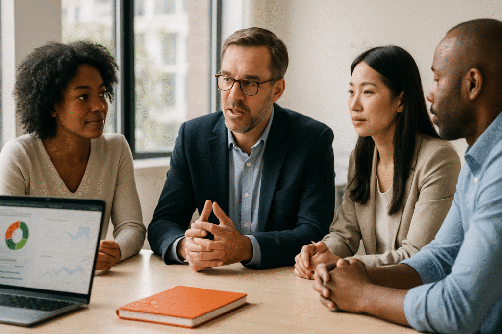 Reputation strategist reviewing online sentiment and response plan with a brand team.