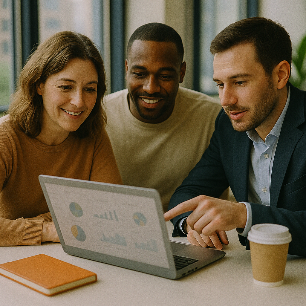Small-business team meeting with an SEO strategist in a bright office — collaboration and planning.