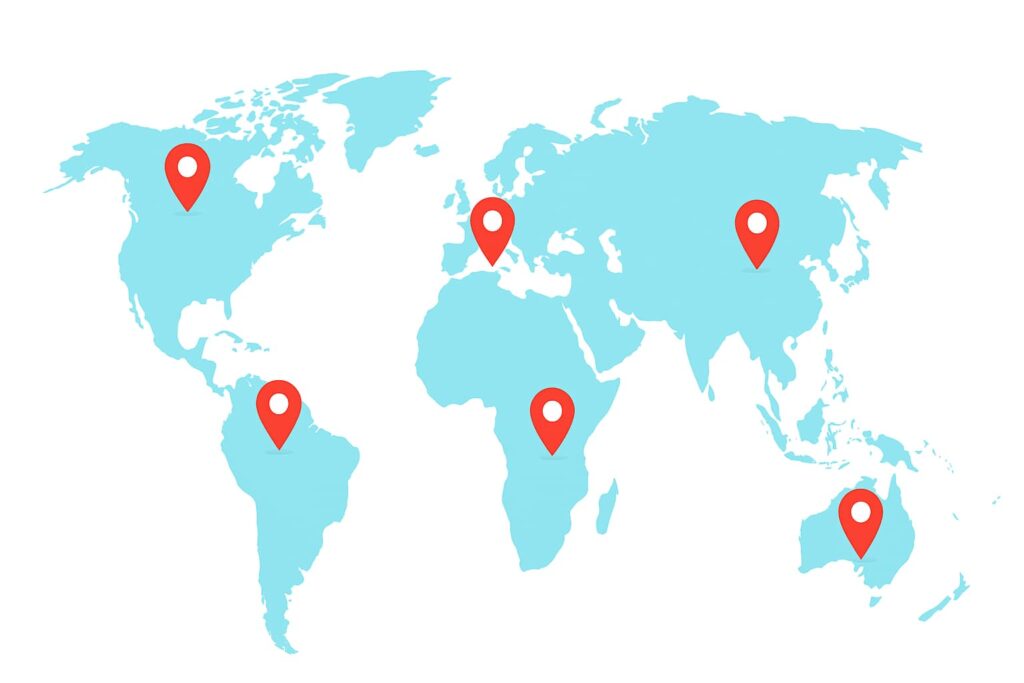 World map with red location pins showing The Goal Media’s global SEO service coverage in the USA, UK, Canada, Australia, Germany, and Denmark.