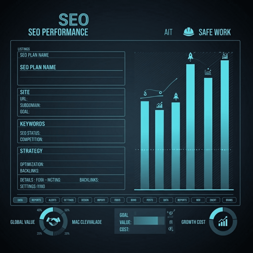 Futuristic SEO performance dashboard showing growth bar charts, keyword strategy data, and global marketing analytics in a dark teal UI.
