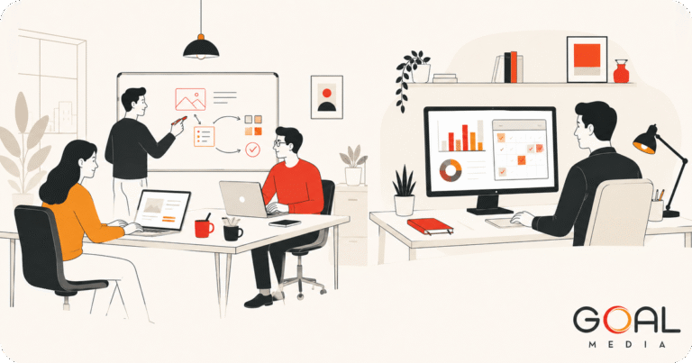 Split illustration comparing an in-house content team and an agency partner for B2B and SaaS marketing ROI
