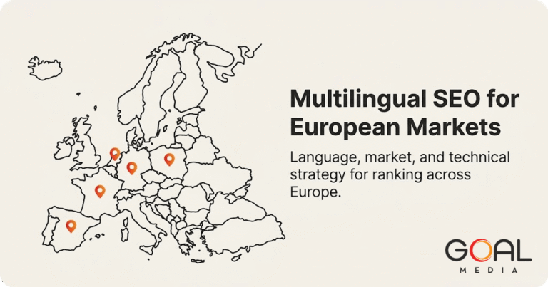 Outline map of Europe with country pins illustrating a multilingual SEO strategy for European markets