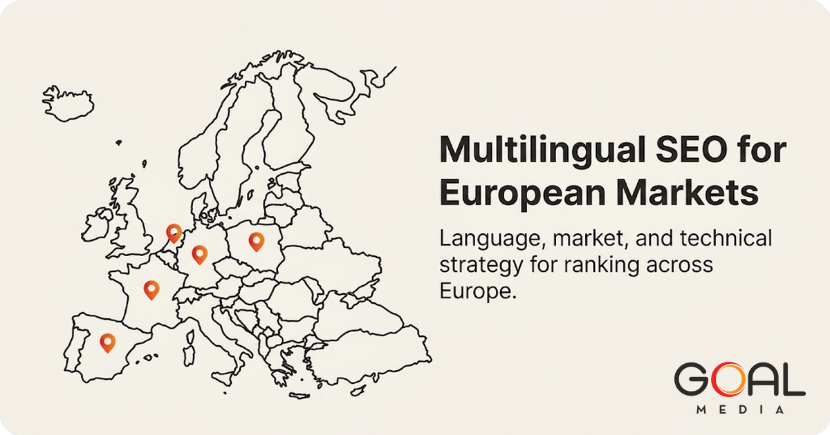 Outline map of Europe with country pins illustrating a multilingual SEO strategy for European markets